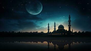 Silhouetted mosque against a dimly lit sky with Eid crescent Islamic Eid or Ramadan backdrop photo