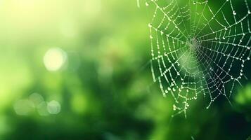 High quality photo of a spider in a web on a green background with selective focus