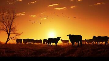 vacas formas a puesta de sol en el granja campo foto