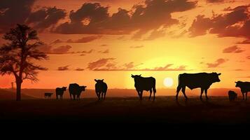 vacas formas a puesta de sol en el granja campo foto