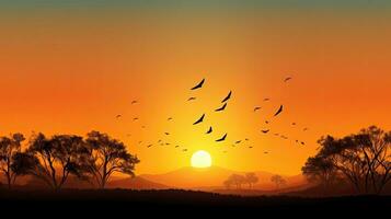 World environment day symbol Birds flying at dawn over autumn landscape photo