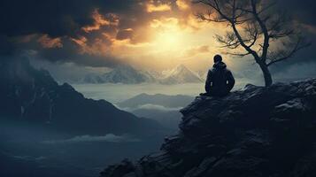 Mysterious silhouette perched on mountaintop with tree and distant mountains photo