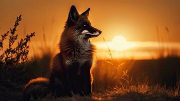 Beautiful and cunning fox silhouette against sunset in nature Wildlife concept photo