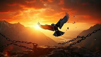 Freedom represented by bird flying and broken chains against sunset mountain backdrop photo