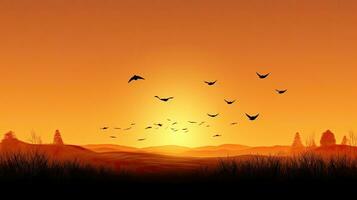 World environment day symbol Birds flying at dawn over autumn landscape photo