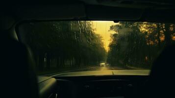 Through the car s wet windshield the trees appear as blurred silhouettes in the dim weather photo