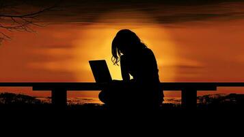 Unhappy woman stressed at desk Health focus photo