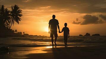 A father and son bonded at sunset on a Bali beach photo