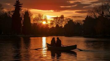 Two people in a boat at sunset in Retiro Park s lake Madrid Spain on March 28 2023 photo