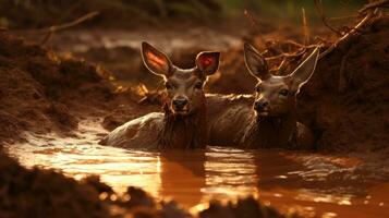 2 adult deer enjoying the sun and mud in the daytime at Ranca Upas field in Bandung Indonesia photo