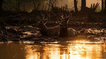 2 adult deer enjoying the sun and mud in the daytime at Ranca Upas field in Bandung Indonesia photo