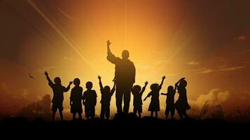 Group of refugee children worshiping and praying expressing hope and freedom on World Kids Day Diversity faith and celebration of Juneteenth and World Refugee Day Friends u photo