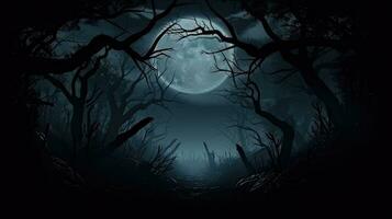 Eerie night scene with moonlit forest mist and dark ambiance photo