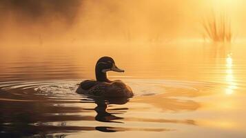 Duck swimming on foggy pond at sunrise peaceful surroundings photo