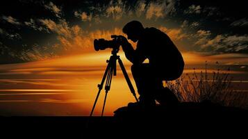 A photographer using a camera and tripod to capture silhouettes photo