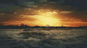 Winter field at sunset with grunge style photo