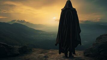 silueta de un medieval viajero en pie en un montaña vistiendo un encapuchado capa foto