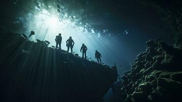 Scuba divers investigate submerged shipwreck photo