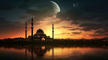 Islamic night with a mosque silhouette against a sunset sky moonlit and holy ambiance depicted in an Islamic wallpaper photo