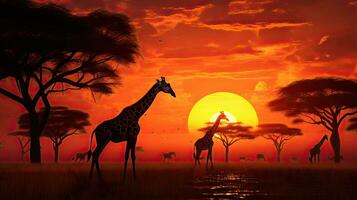 Giraffes in Africa during sunset photo