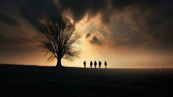 Spooky scene people s silhouettes by leafless trees under dark clouds photo