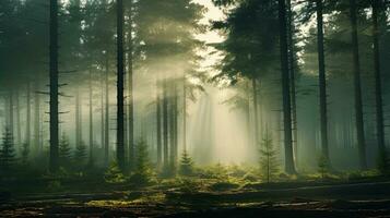 un de ensueño verano paisaje con antiguo pino árbol siluetas en un Mañana niebla rodeado por un panorámico ver de majestuoso hojas perennes bosque Dom rayos añadir un atmosférico para ti foto