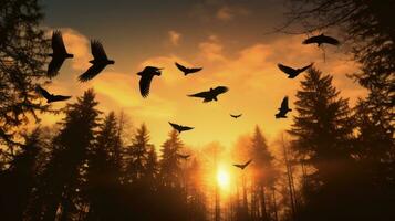 Birds flying over a forest during sunset s silhouette photo