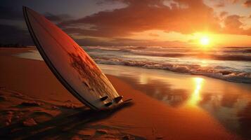 Surfboard at sunset on the shore photo