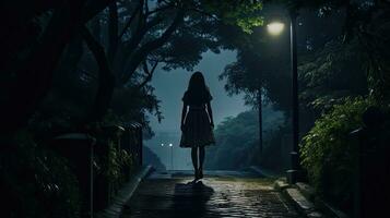 A single young woman walking home in a dark park at night feeling scared and surrounded by a gloomy atmosphere as seen from behind photo