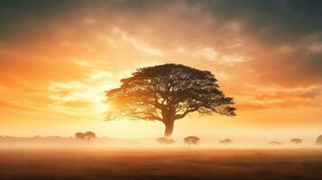 maravilloso amanecer detrás alto arboles en primavera con niebla silueta de grande árbol con Dom brillante sabana campo en África durante primavera borroso antecedentes foto