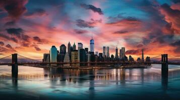 silueta panorama de Manhattan s centro de la ciudad a puesta de sol presentando rascacielos y un vibrante cielo terminado el este río foto