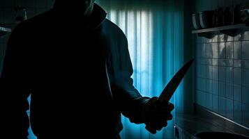 Man holding knife through frosted glass criminal or intruder photo