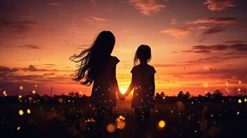 Two young sisters in front of a stunning sunset sky s silhouette photo