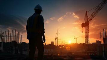trabajador silueta en construcción sitio a puesta de sol foto