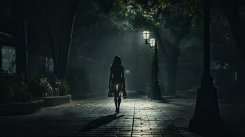 un soltero joven mujer caminando hogar en un oscuro parque a noche sensación asustado y rodeado por un melancólico atmósfera como visto desde detrás foto