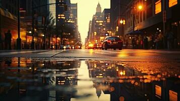 Urban backdrop with illuminated and shaded elements NYC roads gleaming from rain with images reflected on damp pavement photo