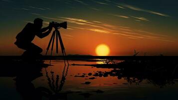 A photographer using a camera and tripod to capture silhouettes photo