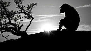 Black and white silhouette of a monkey at sunset photo