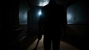 Dark hallway with man holding axe creates terrifying murder scenes photo