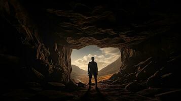 man s silhouette in a cave photo