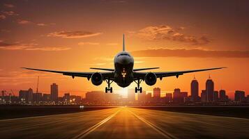 Airplane passengers arrive at airport runway during a stunning sunset with city silhouette in the background photo