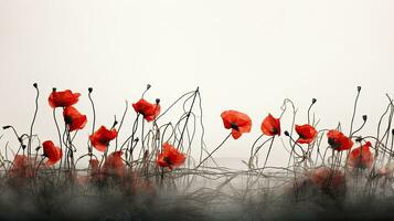 An art installation featuring red poppies amidst barbed wire symbolizing the victims of two world wars against a white sky with empty area photo