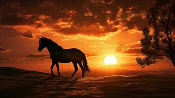 A horse silhouette grazing at sunrise with a vibrant backdrop photo