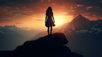 Girl s shape on top of a mountain photo