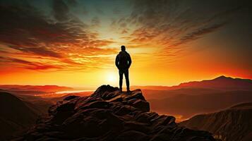 Silhouette of man on cliff enjoying sunset view in mountains during summer photo