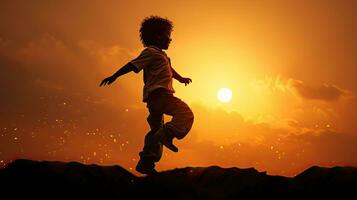 un niño realiza un pequeño danza durante puesta del sol foto