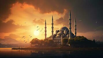 Impressive outline of Blue Mosque in Istanbul at sunrise or sunset photo