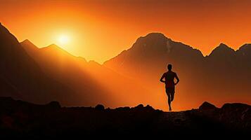 Hiker silhouette sprinting in Ras Al Khaimah mountain photo