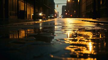 Urban backdrop with illuminated and shaded elements NYC roads gleaming from rain with images reflected on damp pavement photo