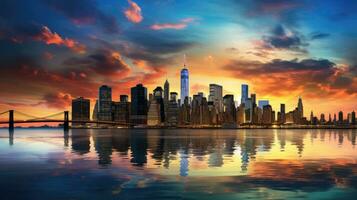 silueta panorama de Manhattan s centro de la ciudad a puesta de sol presentando rascacielos y un vibrante cielo terminado el este río foto